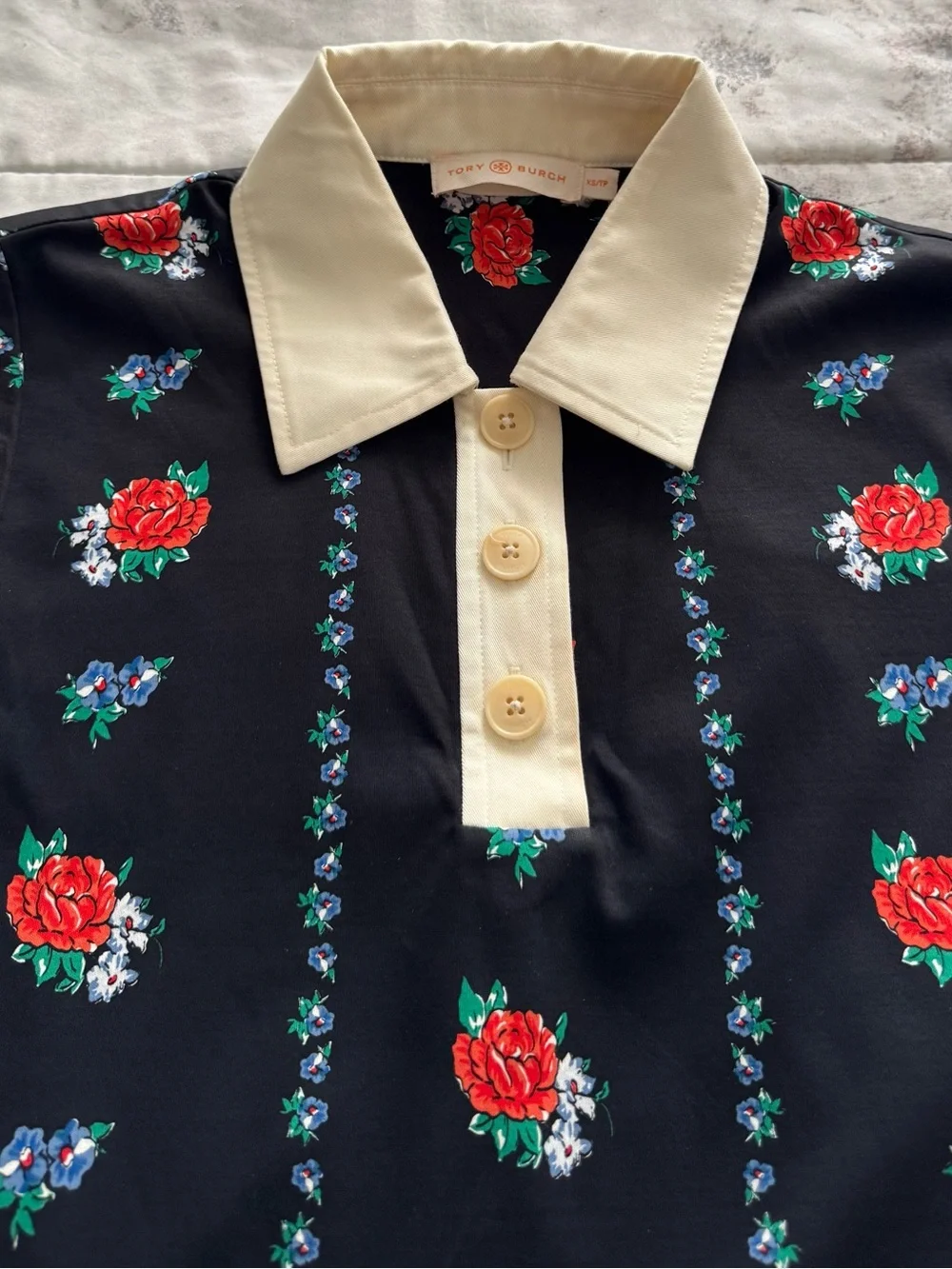 Tory Burch Black Floral Polo lined Dress with Cream Collar, size XS luxury boho